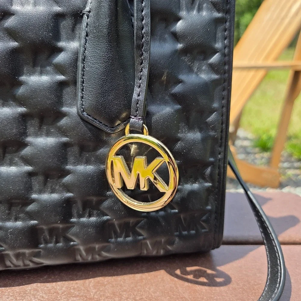 Michael Kors Black Embossed Leather Gold Logo Handbag Purse Maple Satchel - Picture 3 of 16